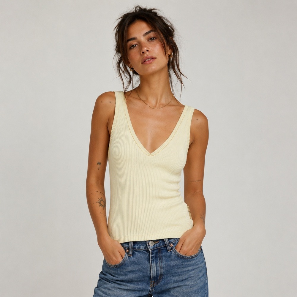 Free People Tank Top Womens XL Ecru Ribbed V-Neck